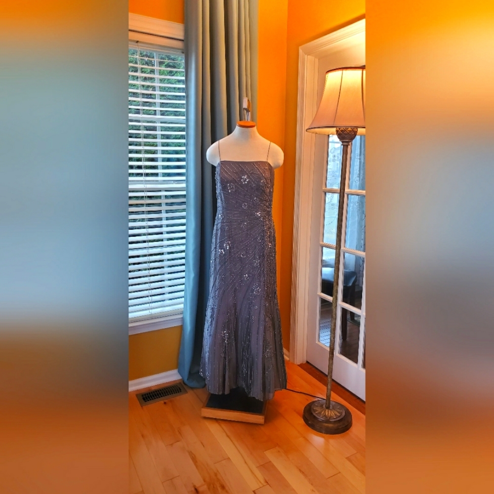 Mon Cheri embroidered evening dress/gown. Spaghetti strap Gray, silk like/silver